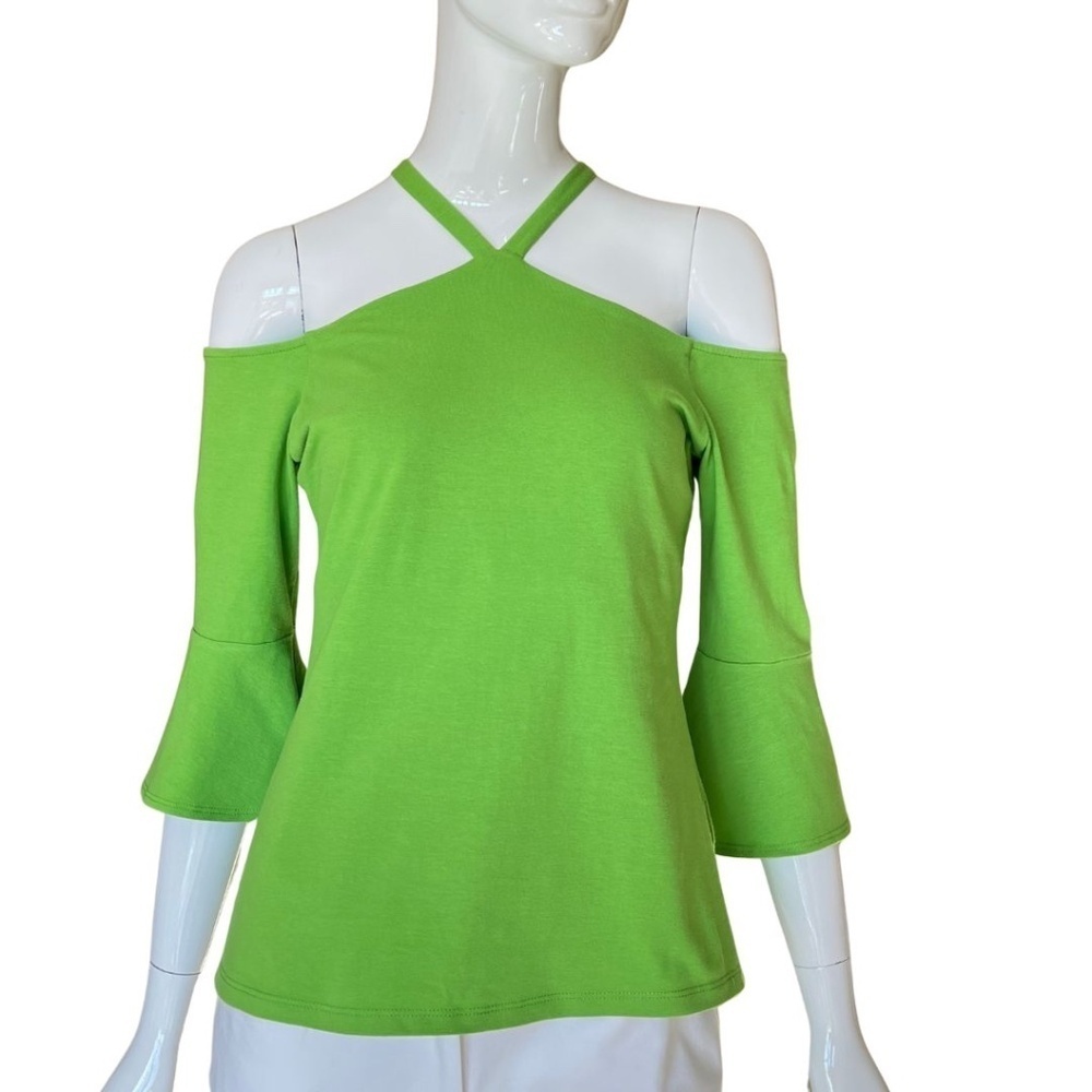 Boston Proper Off Shoulder Green Halter Top With 3/4 Length Bell Sleeve Size M - Picture 5 of 7
